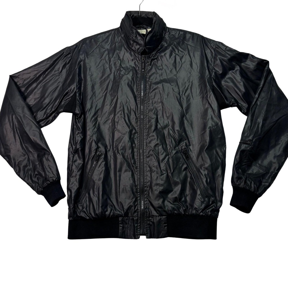 Vintage Izod Lacoste‎ Black Nylon Bomber Jacket Packable Hood Mens M